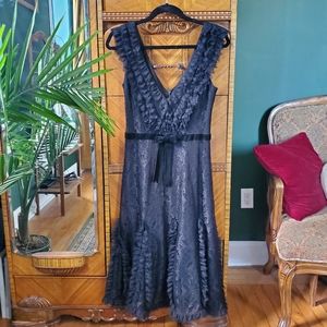 Tadashi Ruffle Lace Plunge Sleeveless Midi Velvet